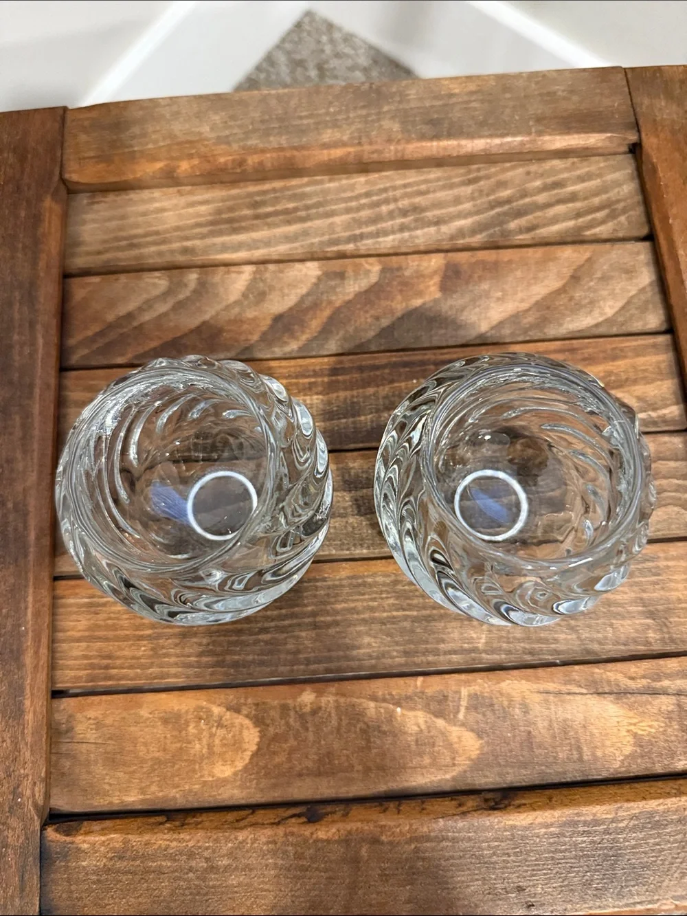 Pair Heavy Clear Swirl Glass Votive Candle Holders Thick Spiral Optic Tea light